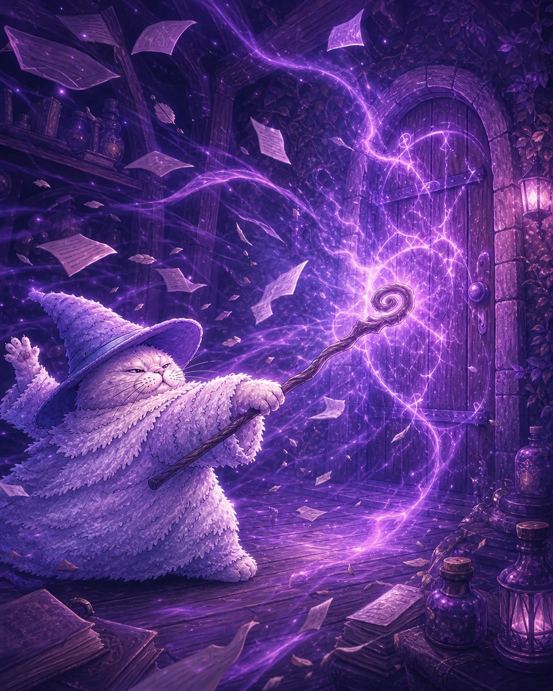Magic Cat casting a huge spell at a closed door