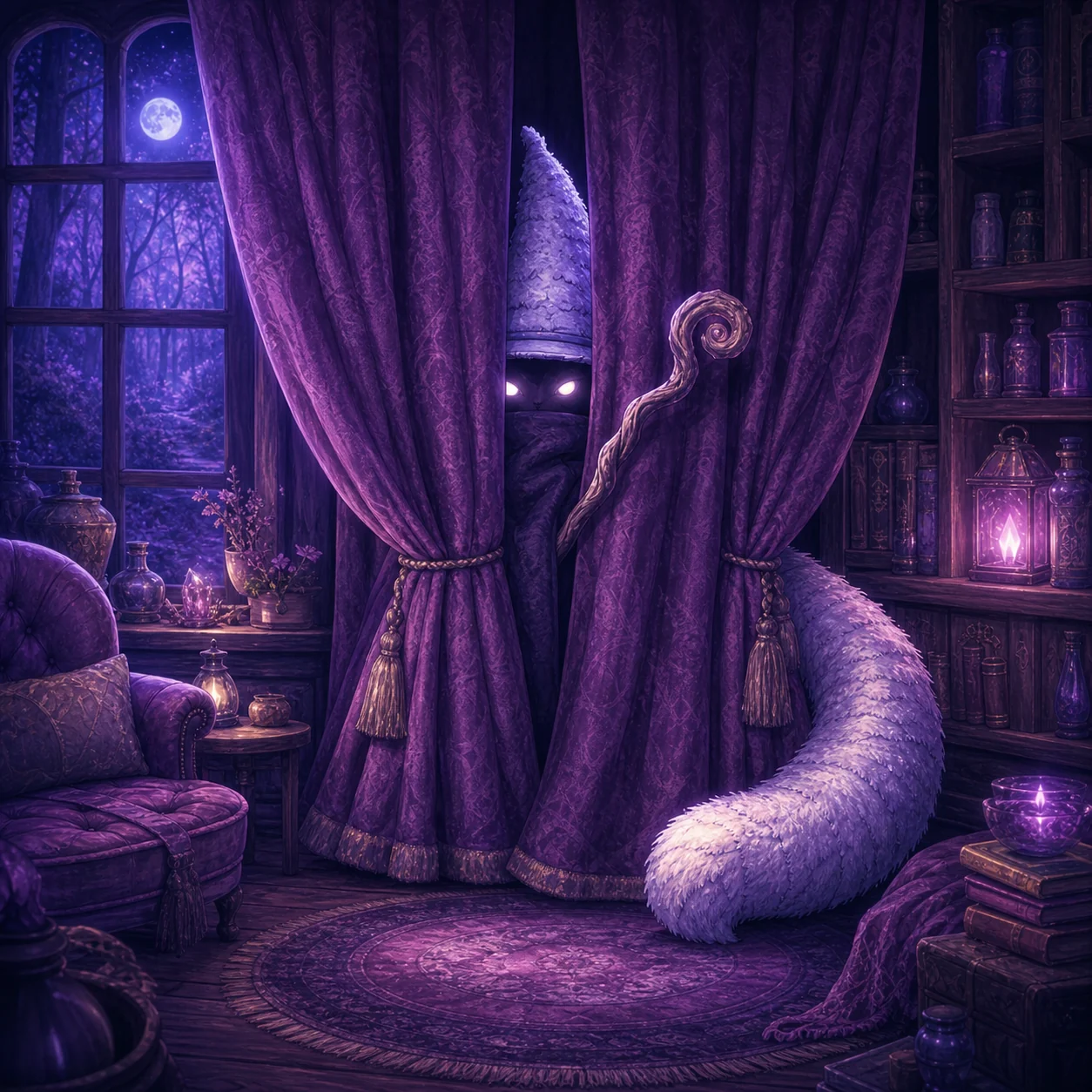 Magic Cat hiding behind a curtain with his tail visible
