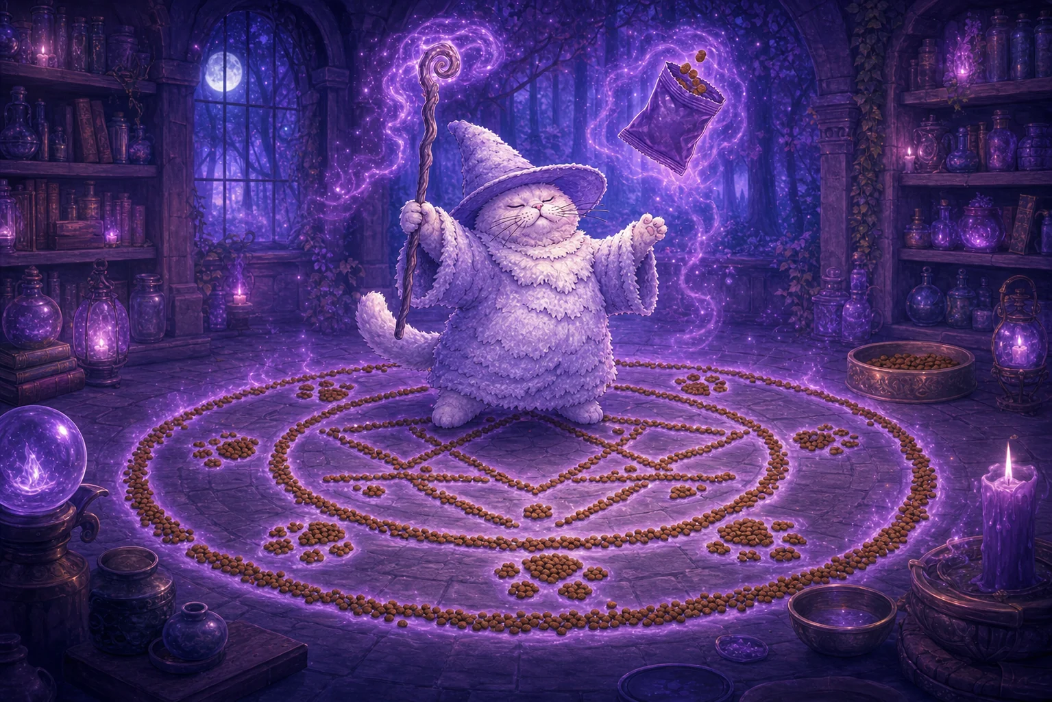 Magic Cat summoning a snack inside a kibble circle